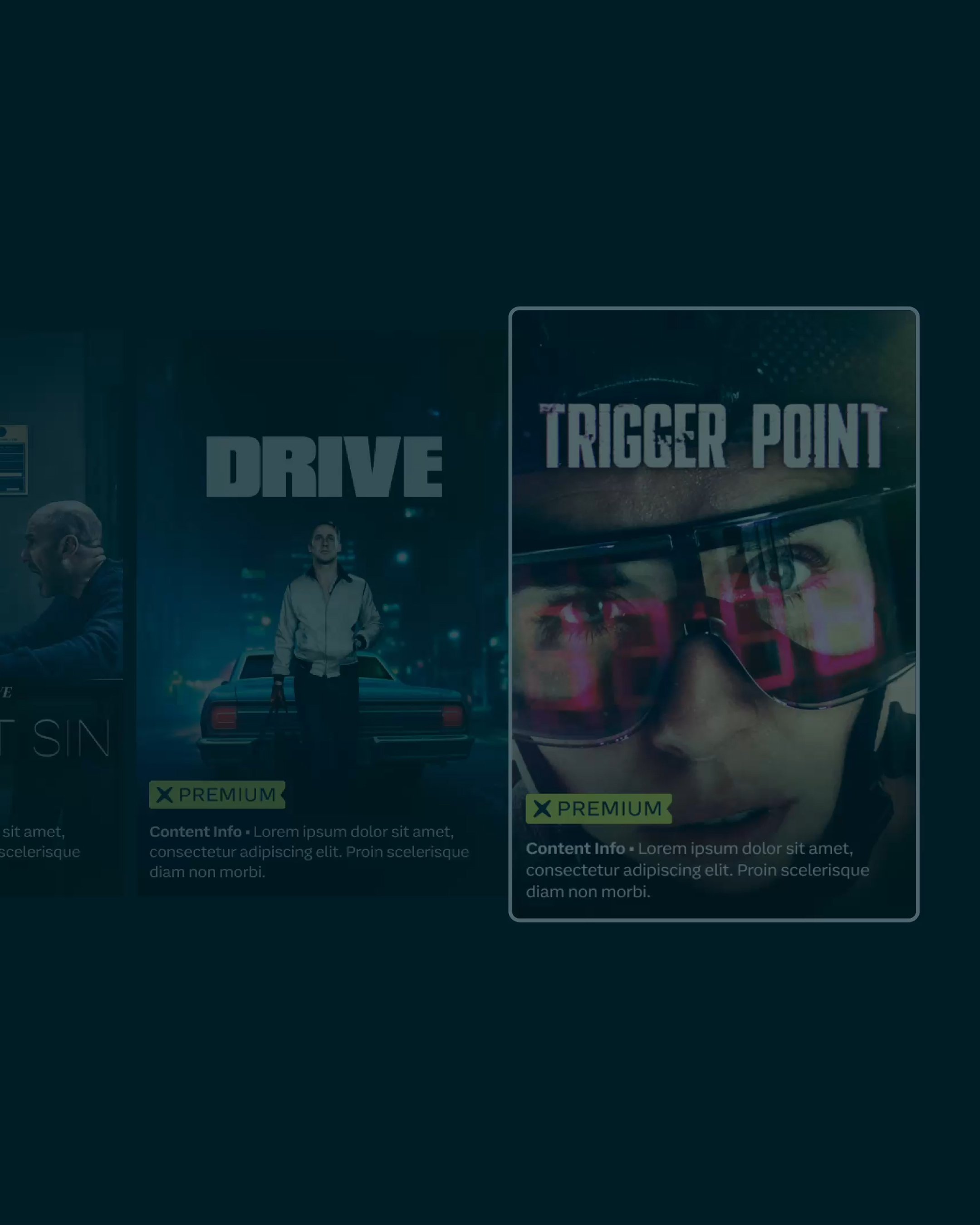 Collection of TV show thumbnails on a dark background, including a highlighted card for ‘Trigger Point' marked with a premium label.